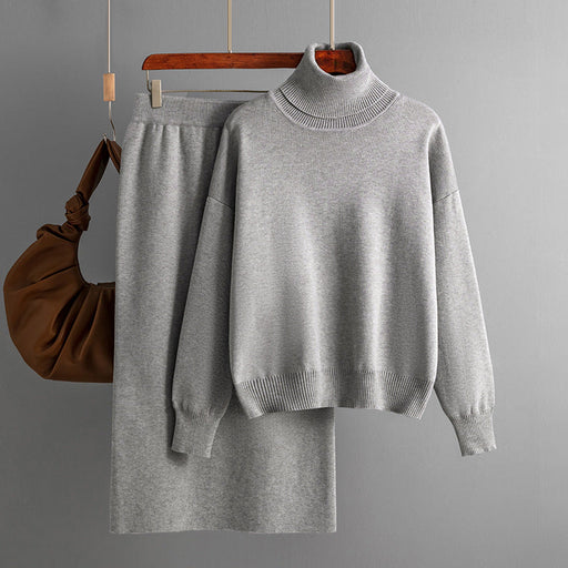 Color-Gray-Solid Color Turtleneck Sweater Sheath Skirt Two Piece Set Autumn Winter Knitting Suit Women-Fancey Boutique