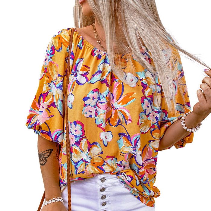 Color-Yellow-Summer Printed Chiffon Shirt Women Casual Pullover round Neck Half Sleeve Top Women-Fancey Boutique