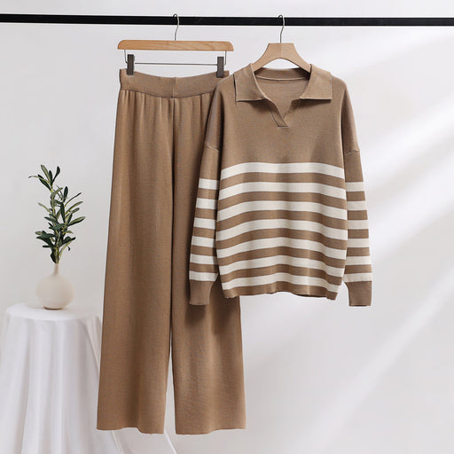Color-camel-Knitting Suit Polo Collar Striped Sweater Loose Casual Two Piece Set Women Clothing-Fancey Boutique