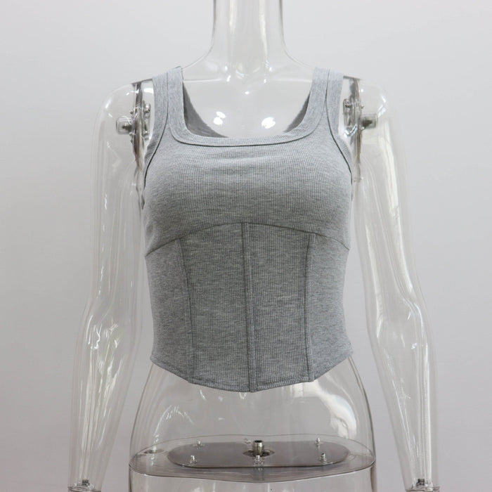 Color-Gray-Rib U Neck Sexy Short Cropped Tank Top Waist Short Top for Women Summer Boning Corset Corset-Fancey Boutique