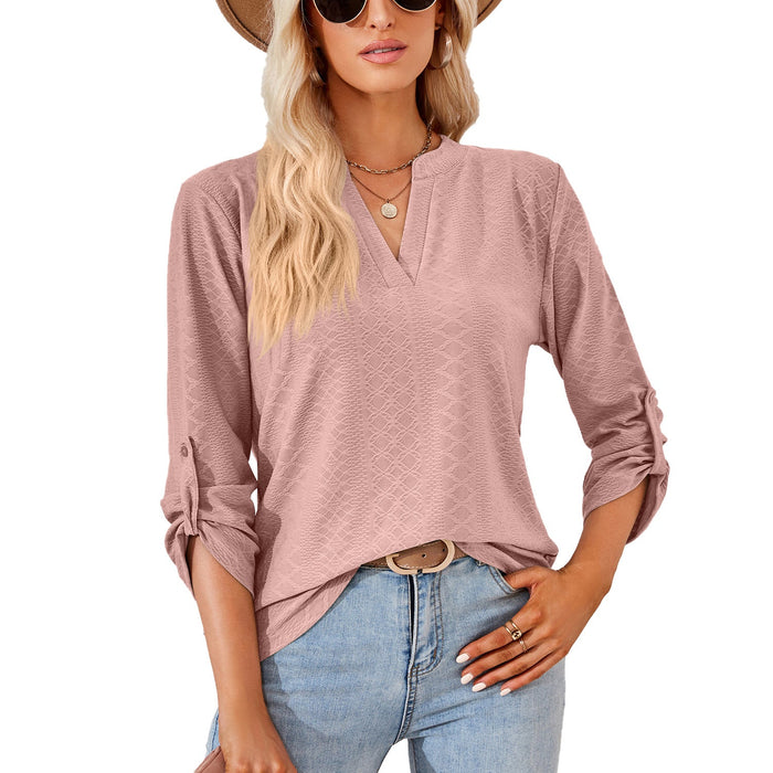 Color-Skin Pink-Autumn Winter Solid Color V-neck Three-Quarter Sleeve Button Loose-Fitting T-shirt Top Women-Fancey Boutique