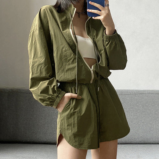Color-Summer Thin Sun Protection Stand Collar Cardigan Long Sleeve Shorts Sports Casual Suit-Fancey Boutique