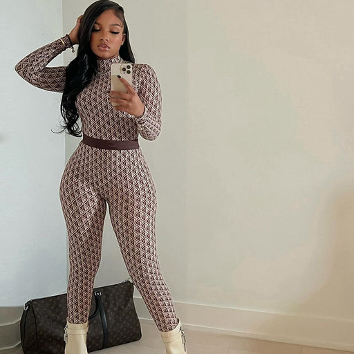 Color-Women Clothing Printed Street round Neck Long Sleeve Trousers Body Pants Fitness Jumpsuit Women-Fancey Boutique