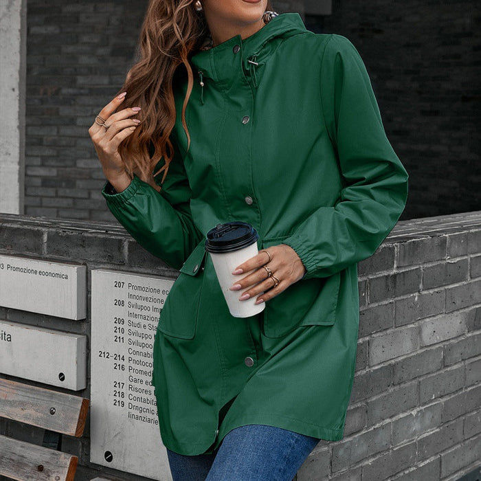 Color-blackish green-Zipper Raincoat Outdoor Sport Climbing Waterproof Clothing Mid-Length Waterproof Wind Coat Coat Top Women-Fancey Boutique