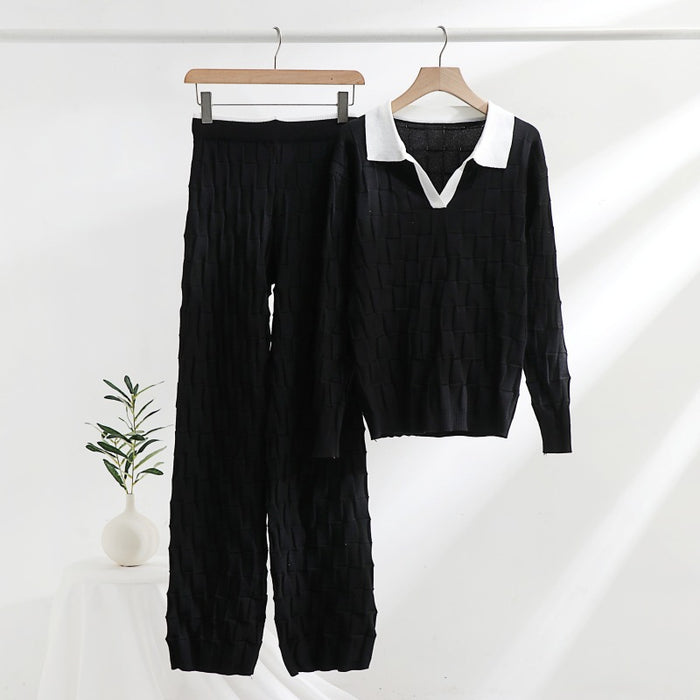 Color-Fashionable Knitted Woven Suit Spring Autumn Korean Half Open Collar Pullover Top Trousers Women Two Piece Suit-Fancey Boutique