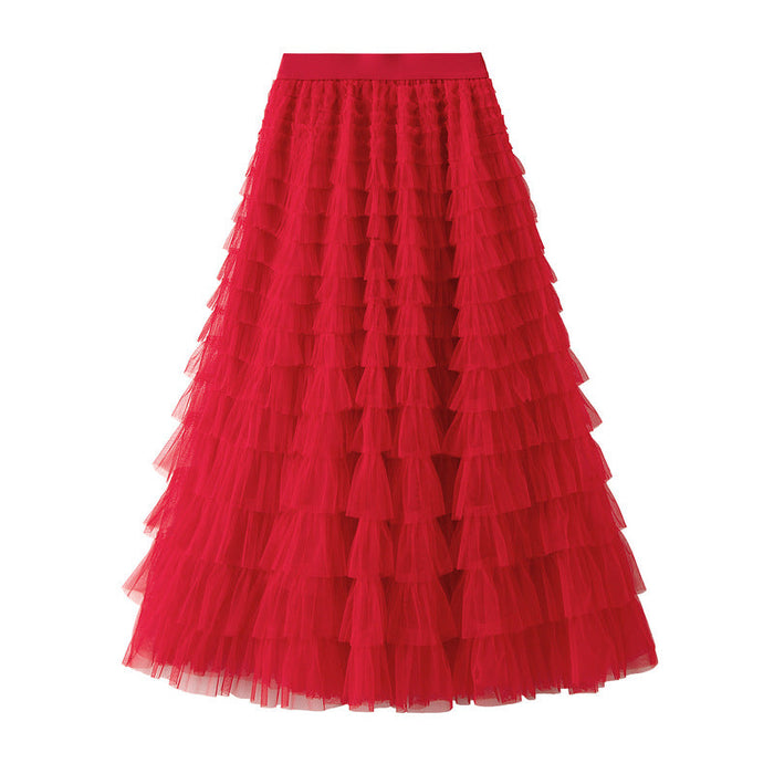 Color-Red-Mesh Tiered Skirt Women Spring Autumn Dress Fairy White Yarn Skirt Pleated-Fancey Boutique