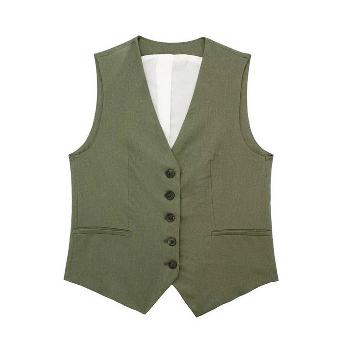 Color-Army Green Vest-Summer V neck Solid Color Single Breasted Vest High Waist Wide Leg Pants Shorts Suit-Fancey Boutique