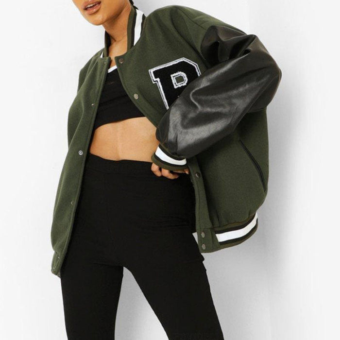 Color-Army Green Black B-Women Clothing Varsity Jacket Women Autumn Winter Hip Hop Fleece Padded Jacket-Fancey Boutique