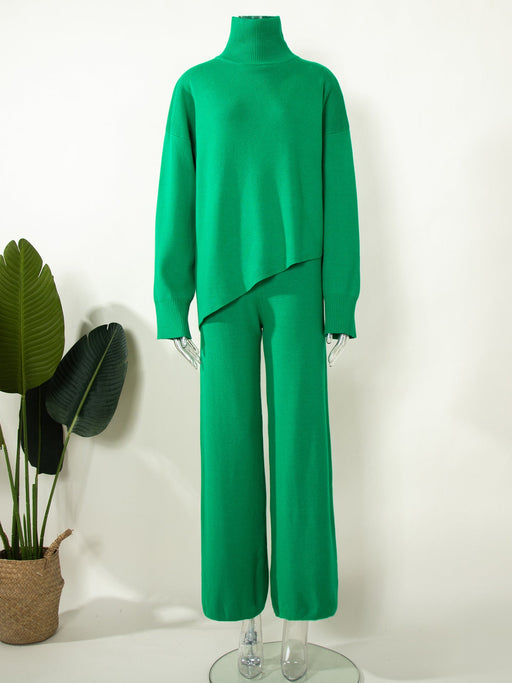 Color-Green-Half Turtleneck Irregular Asymmetric Sweater Suit Elegant Beveled Sweater Knitted Wide Leg Pants-Fancey Boutique