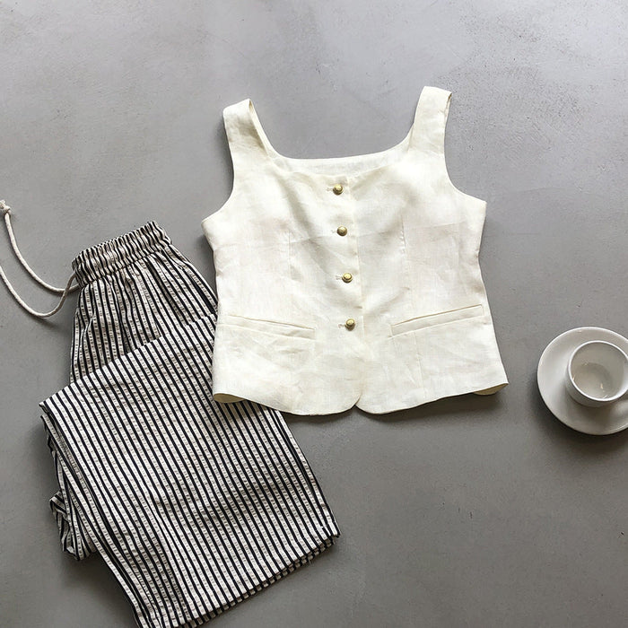 Color-White-Retro Linen Vest for Women Autumn Special-Interest Square Collar Sleeveless Short Top-Fancey Boutique