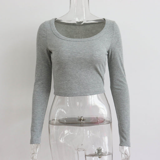 Color-Gray-Large round Neck Long Sleeves Rib Short Top Women Casual Sexy Autumn Winter Knitting Bottoming Shirt Street Slim Top-Fancey Boutique