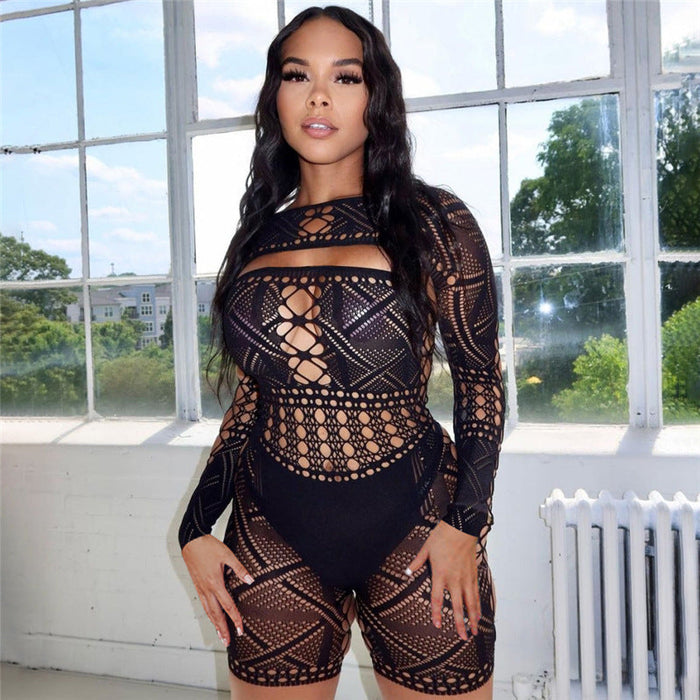 Color-Black-Summer Women Clothing Sexy Cutout Lace See through High Waist Tight Knitted Short Romper Women-Fancey Boutique