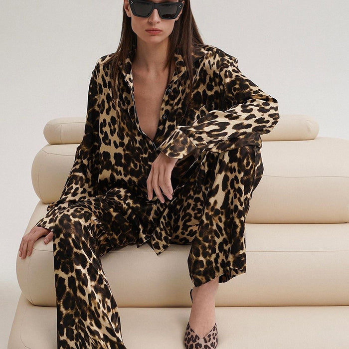 Color-Light Luxury Printed Leopard Print Simple Loose Long Sleeves Trousers Pajamas Two Piece Set Autumn Winter Ladies Homewear-Fancey Boutique
