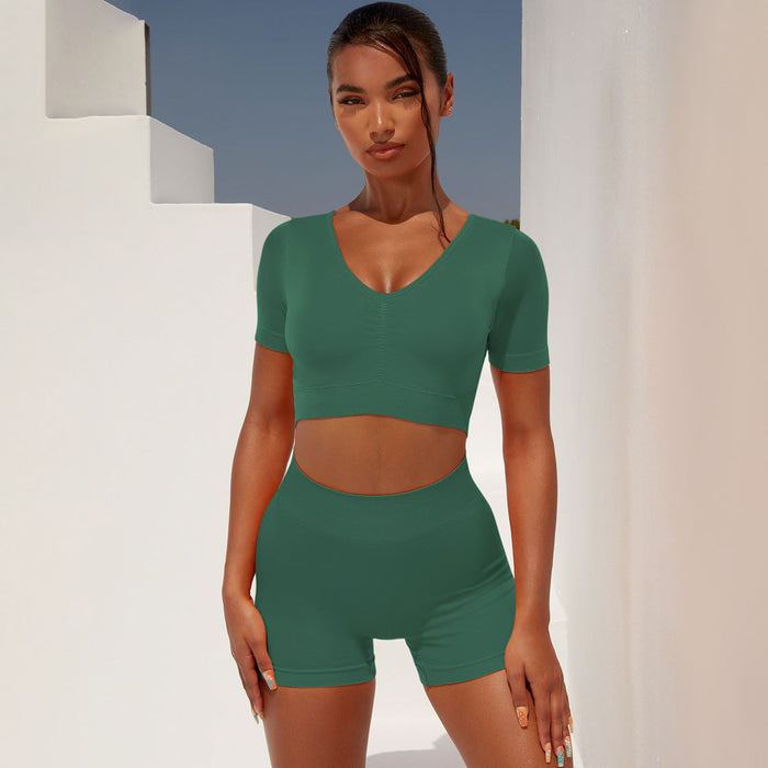 Color-Green-Women Clothing Sexy Seamless Tight Short Sleeve Shorts Exercise Workout Outfit Yoga Suit-Fancey Boutique