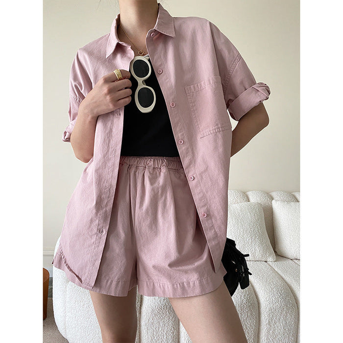 Color-Pink-Clothing Series Cotton Washed Profile Loose Shirt Shorts Two Piece Suit-Fancey Boutique