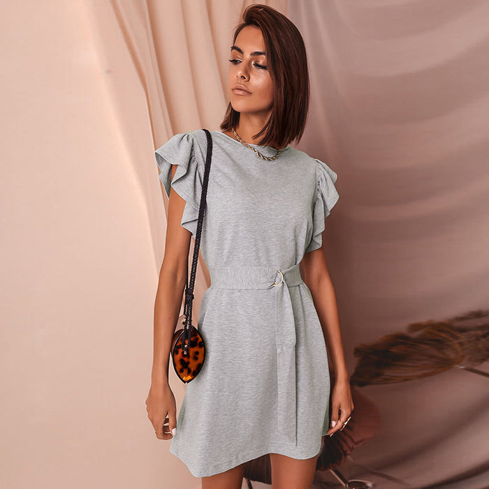 Color-Summer New round Neck Ruffle Sleeve Slim Belt Dress for Women Ruffle Sleeveless-Fancey Boutique