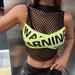 Color-Sexy Mesh Ripped Hollow Out Cutout-out Vest Short Summer Letters Printed Sexy Short Slim Top Women-Fancey Boutique