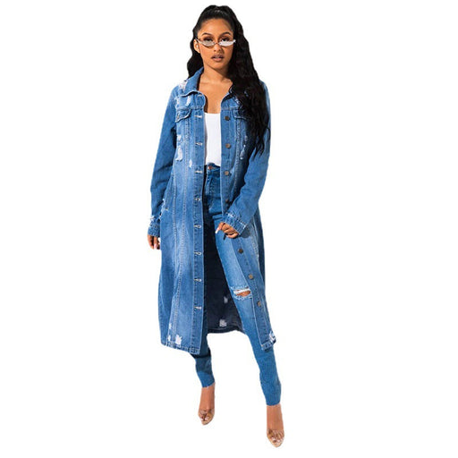 Color-Denim Jacket Women Autumn Winter Worn Loose V Neck Denim Trench Coat-Fancey Boutique