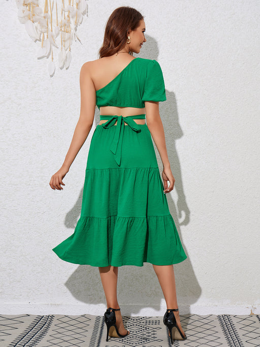 Color-Summer Women Single Shoulder Backless Lace Up Short Sleeve Slim Dress-Fancey Boutique