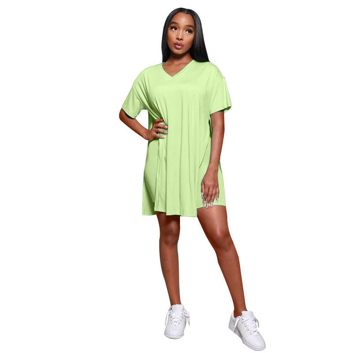 Color-Green-Summer Women Shorts Two-Piece Suit Casual Solid Color V-neck Short Sleeve Split Top Suit-Fancey Boutique