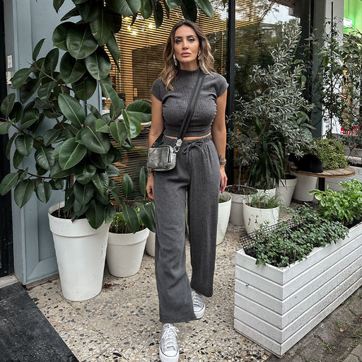 Color-Casual Set Knitted Wrinkle Half Turtleneck Short Sleeved T shirt Drawstring High Waist Trousers-Fancey Boutique