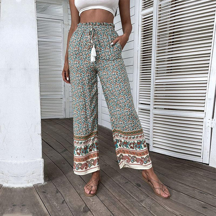 Color-Retro Women Clothing Green Printing Loose Wide Leg Pants-Fancey Boutique