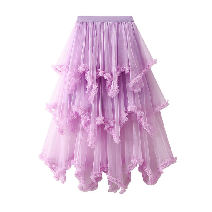 Color-Light Purple-Wooden Ear Irregular Asymmetric Mesh Tiered Skirt Mid Length High Waist Big Swing Puffy Fairy Gauze Dress Long Skirt-Fancey Boutique