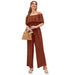 Color-Brown-Women Clothing Summer Casual off Shoulder Ruffle Sleeve Lace up Cropped Wide Leg Pants-Fancey Boutique