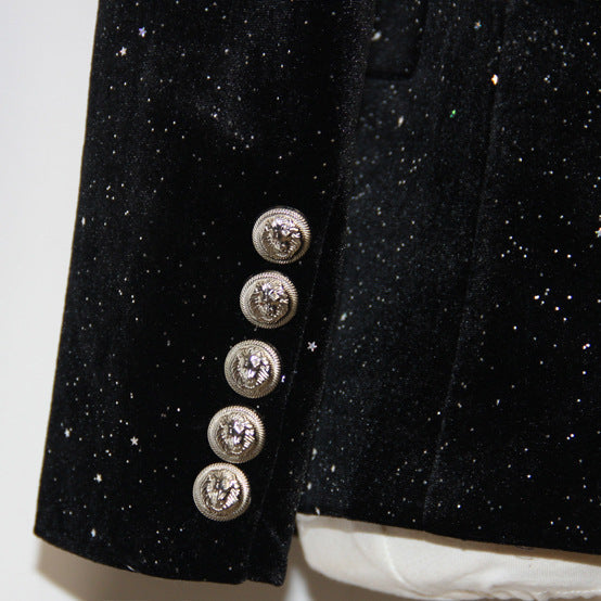 Color-Spring Autumn Blazer Starry Sequined Silver Buckle Waist Tight Velvet Small Blazer for Women-Fancey Boutique