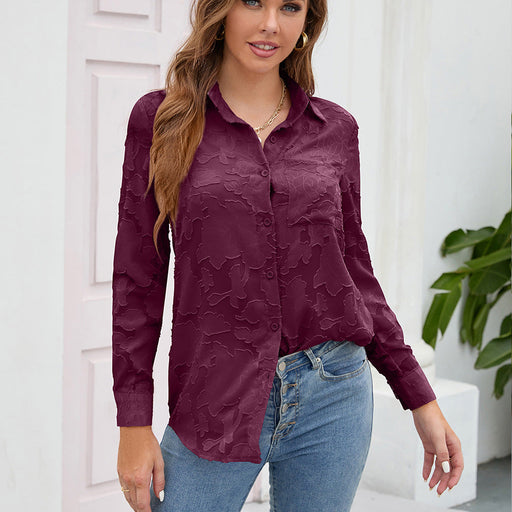 Color-Burgundy-Women Romantic Fabric Lace Solid Color Long Sleeve Shirt Women-Fancey Boutique