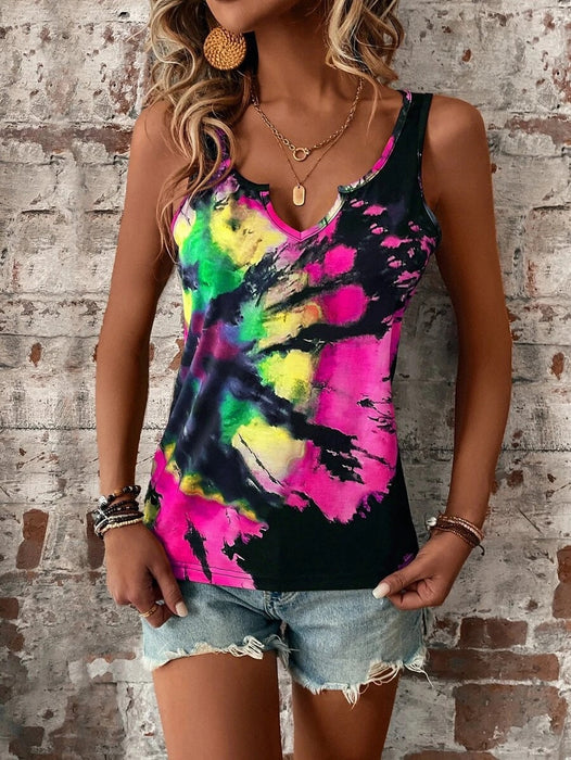 Color-Coral Red-Women's Clothing Summer Random Printing Painted V neck Open Vest Top Women-Fancey Boutique