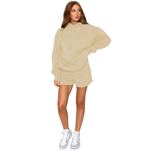 Color-Apricot-Autumn Winter Solid Color Hooded Pullover Long Sleeve Sweaters Women Clothing Shorts Suit-Fancey Boutique