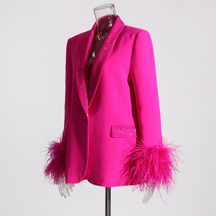 Color-Autumn Fashionable Blazer Women Classic Stitching Ostrich Feather Light Diamond Decorative Blazer-Fancey Boutique