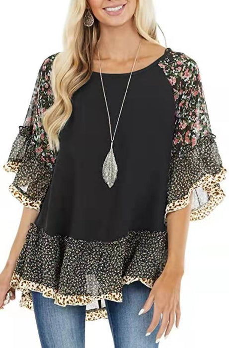 Color-Black-Spring Summer Women Clothing Batwing Sleeve Color Blocking Leopard Floral Print Mid Length Sleeves T Shirt-Fancey Boutique