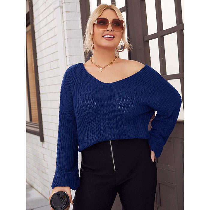 Color-Plus Size Real Shot Women Clothing Autumn Winter V neck Knitted Sweater for Women-Fancey Boutique