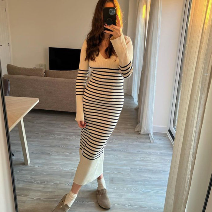 Color-Knitted Dress V Neck Casual Dehaired Angora Covering Yarn Waist Tight Sunken Stripe Slimming Stripes Knitted Dress Women-Fancey Boutique