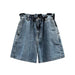 Color-Blue-Women Bud Shaped Waist Wide Leg Straight Denim Shorts-Fancey Boutique