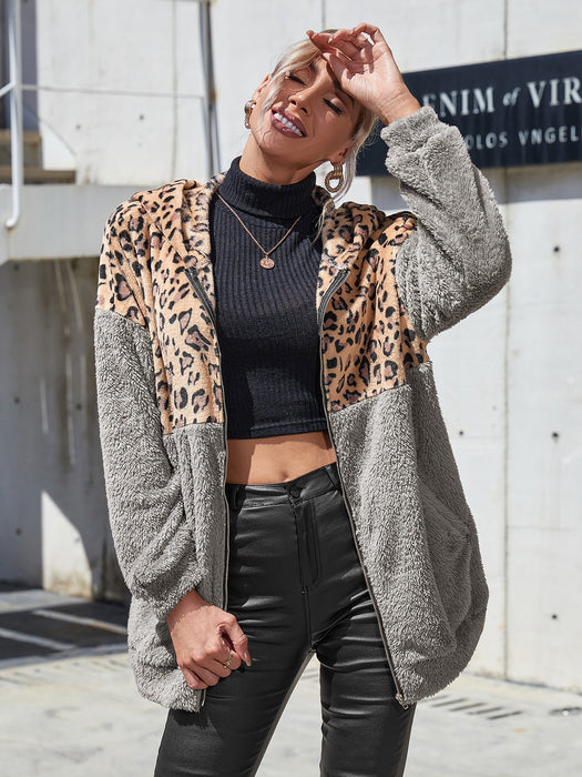 Color-Women Clothing Leopard Splicing Long Sleeved Hooded Top Women Cardigan Double Sided Fleece Sweatshirt Women-Fancey Boutique