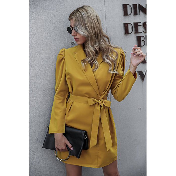 Color-Autumn Winter Lace Up Waist Dress Loose Candy Color Tailored Collar Dress-Fancey Boutique