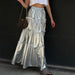 Color-Fall Women Clothing Metallic Coated Fabric Niche Design Silver Metal High Waist Mid Length Tiered Skirt-Fancey Boutique