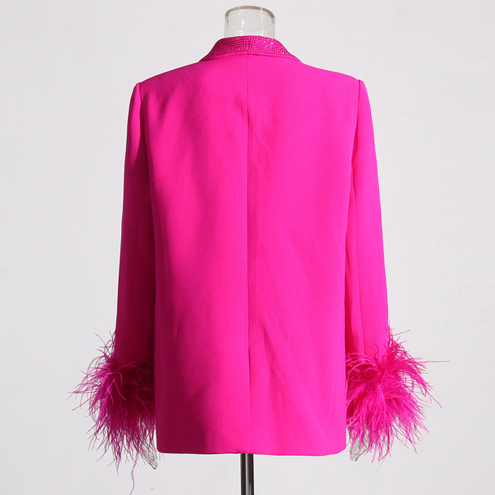 Color-Autumn Fashionable Blazer Women Classic Stitching Ostrich Feather Light Diamond Decorative Blazer-Fancey Boutique