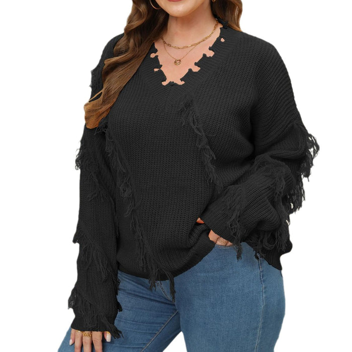 Color-plus Size Women Woven Shirt Women Clothes Autumn Winter V-neck Beard Tassel Splicing Pullover Sweater-Fancey Boutique