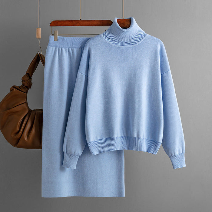 Color-Light Blue-Solid Color Turtleneck Sweater Sheath Skirt Two Piece Set Autumn Winter Knitting Suit Women-Fancey Boutique