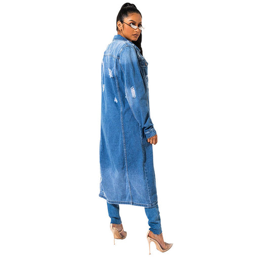 Color-Denim Jacket Women Autumn Winter Worn Loose V Neck Denim Trench Coat-Fancey Boutique