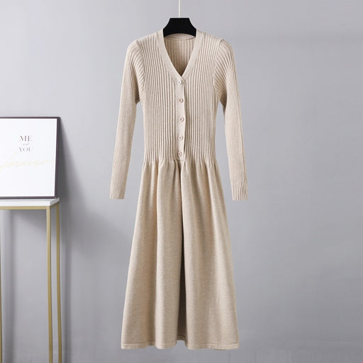 Color-Khaki-Autumn Winter V neck Mid Length below the Knee Slim Fit Slimming Match with Coat Woolen Knitted Dress for Women-Fancey Boutique