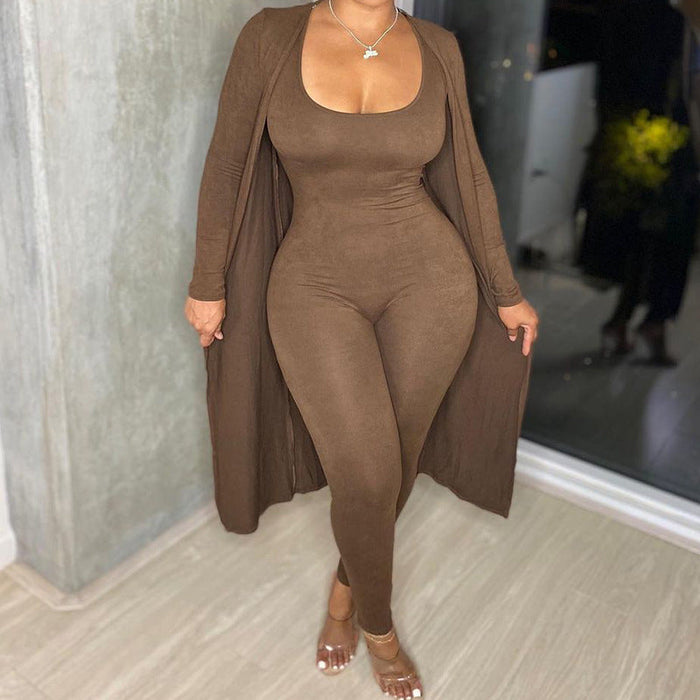 Color-Brown-Chic Autumn Winter Solid Color Women Stylish Long Sleeves Sexy Jumpsuit Coat Two Piece Set-Fancey Boutique