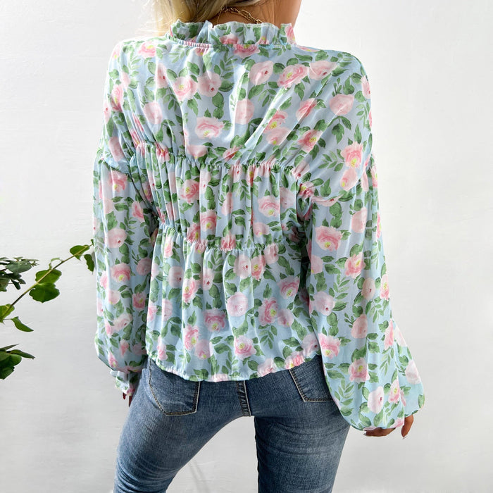 Color-Autumn Winter Wooden Ear Printed Chiffon Shirt Bell Sleeve Floral Top-Fancey Boutique