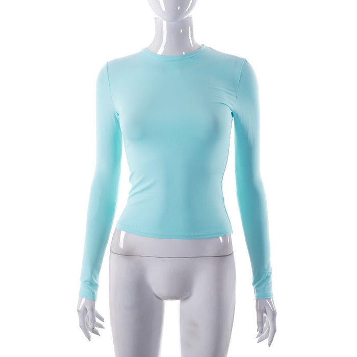 Color-Light Blue-Women Clothing Spring Solid Color round Neck Long Sleeve Basic Top-Fancey Boutique