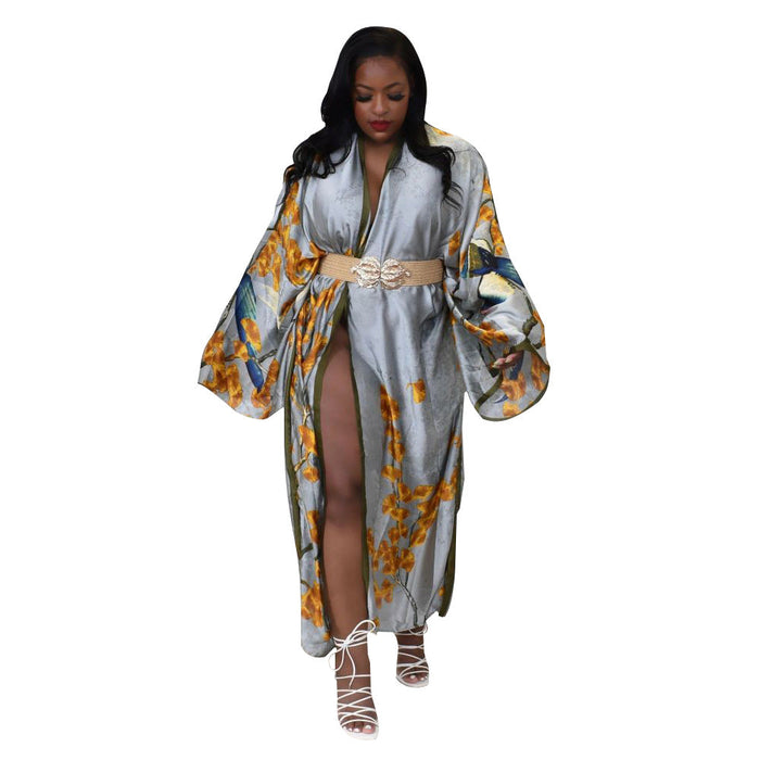 Color-Gray-Coat Artificial Silk Multi Print Casual Trench Coat-Fancey Boutique