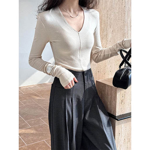 Color-High End Minimalist Mid Seam V neck Long Sleeve Bottoming Shirt Spring Slim Top-Fancey Boutique